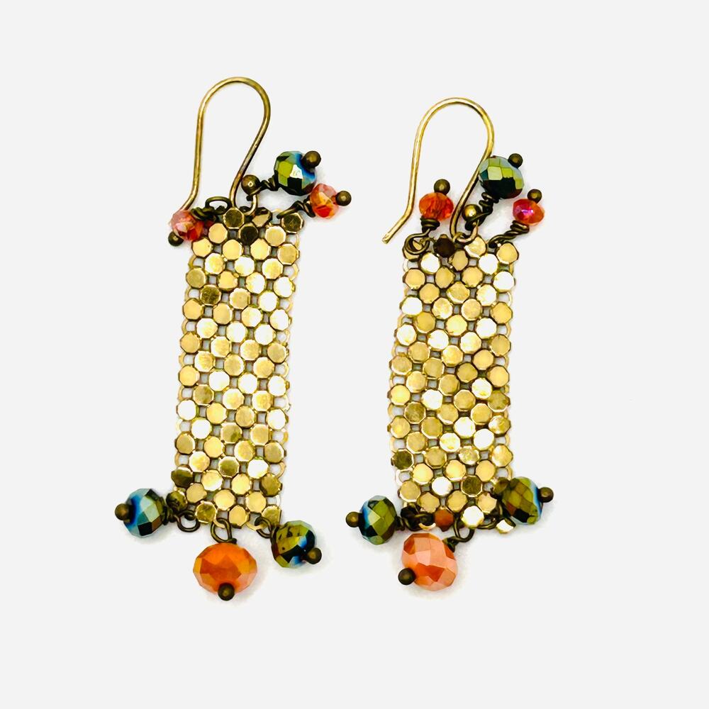 Vintage 80s Mesh Goldtone Dangle Festival Rainbow Bead Statement Earrings